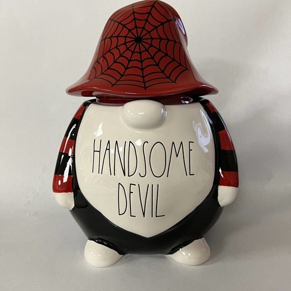 New Rae Dunn Halloween Handsome Devil Gnome Canister Black and Red - Picture 1 of 5